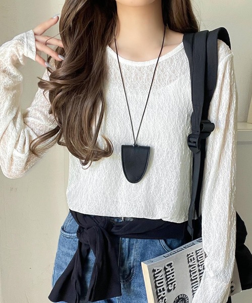 classicalelf（クラシカルエルフ）の「ほどよい透け感が大人上品。総柄シアーレーストップス(長袖)（Tシャツ/カットソー・レディース・ブラウン/グレイッシュベージュ/ブラック/オフホワイト/ブルー・X-LARGE/SMALL/MEDIUM/LARGE）」の6枚目の写真