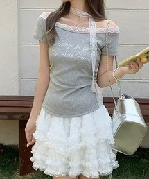 Nia(ニア)/【レースタイ付き】オフショルダー レースドッキングカットソー Tシャツ