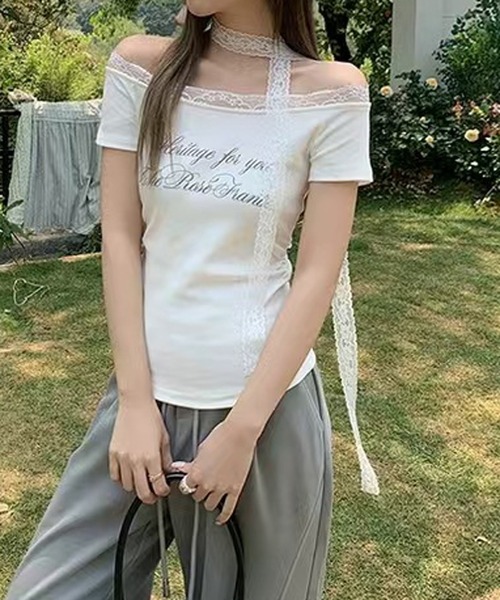 CERCA(チェルカ)の「Nia(ニア)/【レースタイ付き】オフショルダー レースドッキングカットソー Tシャツ(Tシャツ/カットソー・レディース・グレー/ホワイト・SMALL/MEDIUM)」の4枚目の写真