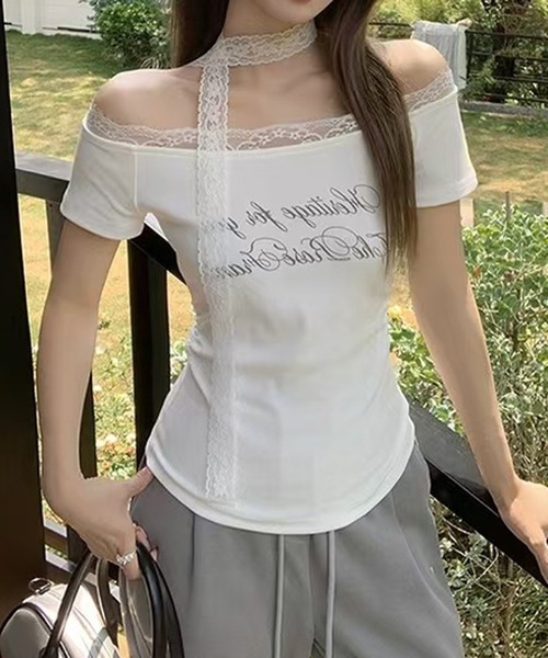 CERCA(チェルカ)の「Nia(ニア)/【レースタイ付き】オフショルダー レースドッキングカットソー Tシャツ(Tシャツ/カットソー・レディース・グレー/ホワイト・SMALL/MEDIUM)」の6枚目の写真