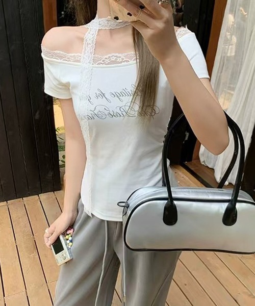 CERCA(チェルカ)の「Nia(ニア)/【レースタイ付き】オフショルダー レースドッキングカットソー Tシャツ(Tシャツ/カットソー・レディース・グレー/ホワイト・SMALL/MEDIUM)」の7枚目の写真