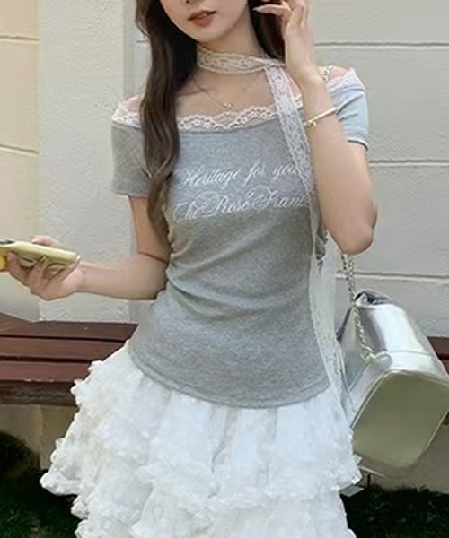 CERCA(チェルカ)の「Nia(ニア)/【レースタイ付き】オフショルダー レースドッキングカットソー Tシャツ(Tシャツ/カットソー・レディース・グレー/ホワイト・SMALL/MEDIUM)」の13枚目の写真