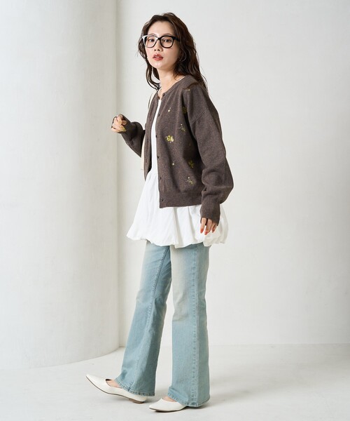 限定展開 フラワー 刺繍 クルーネック ニット カーディガン