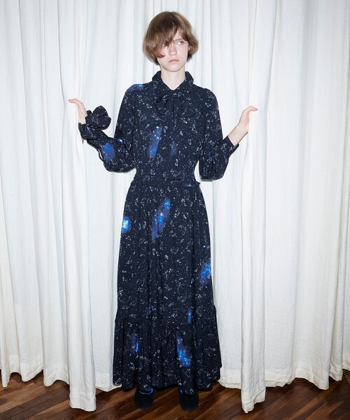 完売品 mmts 猫柄　シフォンワンピース　Mサイズ　BLACK mmts（マミタス）【COLLABORATION】unoa / シフォン ワンピース