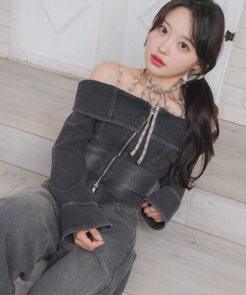 ems excite（エムズエキサイト）の「デニムZIPオフショルBL（シャツ/ブラウス・レディース・ブラック/ブルー系その他5・FREE）」の3枚目の写真