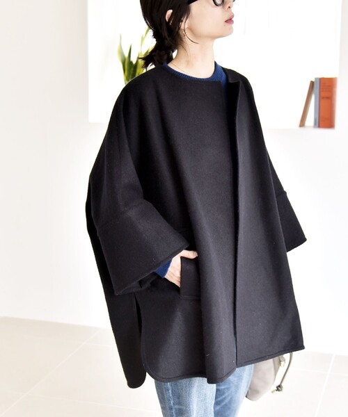 quaranciel: スライバー ウール ミックス ノーカラー ケープ ハーフ