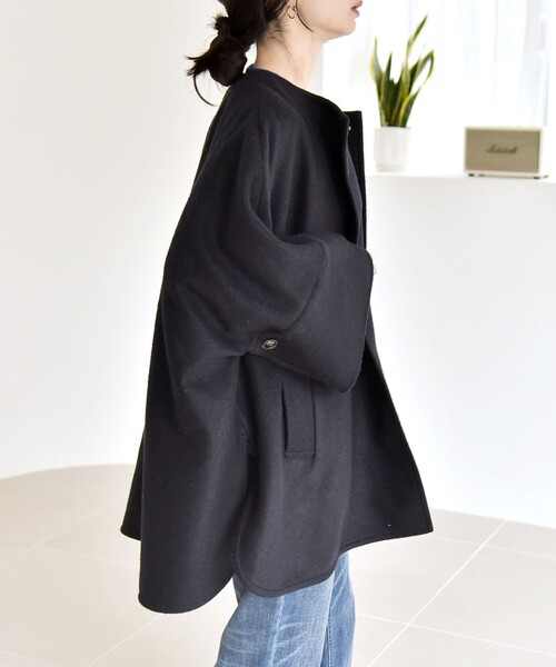 quaranciel: スライバー ウール ミックス ノーカラー ケープ ハーフ