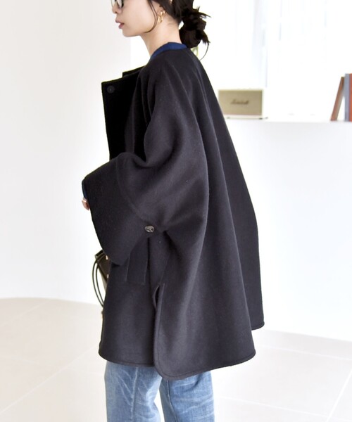 quaranciel: スライバー ウール ミックス ノーカラー ケープ ハーフ