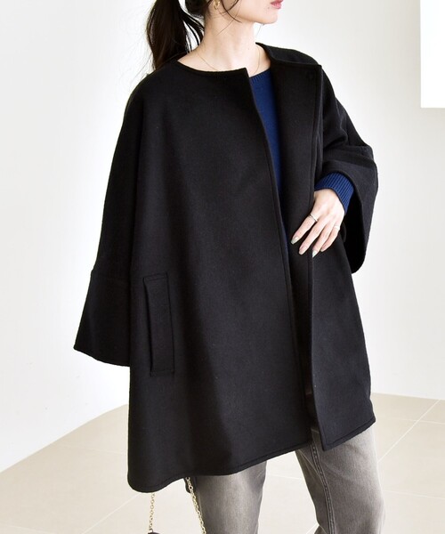 quaranciel: スライバー ウール ミックス ノーカラー ケープ ハーフ