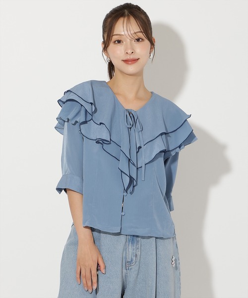 AND COUTURE（アンドクチュール）の「ラッフルハーフスリーブブラウス（シャツ/ブラウス・レディース・ブラック/アイボリー/ダークブルー・FREE）」の12枚目の写真