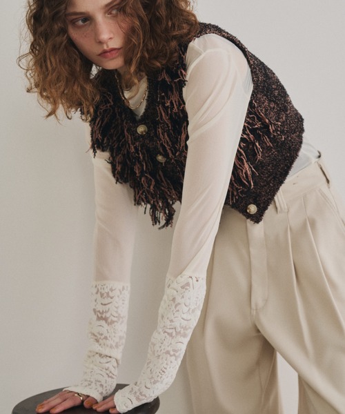 Unitage（ユニテージ）の「ベロアレース切り替えシアートップス（Tシャツ/カットソー・レディース・アイボリー/ブラック・FREE）」の12枚目の写真