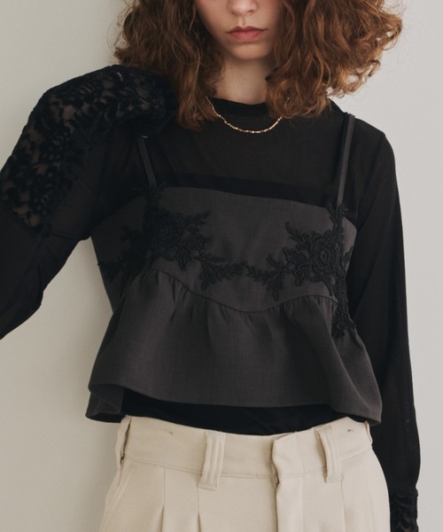 Unitage（ユニテージ）の「ベロアレース切り替えシアートップス（Tシャツ/カットソー・レディース・アイボリー/ブラック・FREE）」の6枚目の写真