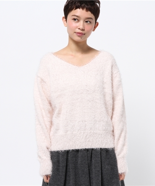 one after another NICE CLAUP（ワンアフターアナザーナイスクラップ）の「★【ナイスクラップ】フェザーＶネックプルオーバー（ニット/セーター・レディース・オフホワイト/ピンク/グレー/ブラック・FREE）」の5枚目の写真