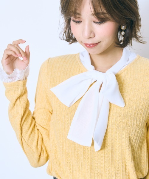 marun（マルン）の「＜大きいサイズ＞ボータイ袖レースニットソー marun（Tシャツ/カットソー・レディース・イエロー/オフホワイト/グレー・L/LL/3L/4L/5L）」の3枚目の写真