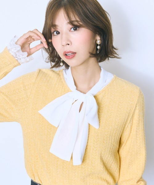 marun（マルン）の「＜大きいサイズ＞ボータイ袖レースニットソー marun（Tシャツ/カットソー・レディース・イエロー/オフホワイト/グレー・L/LL/3L/4L/5L）」の6枚目の写真