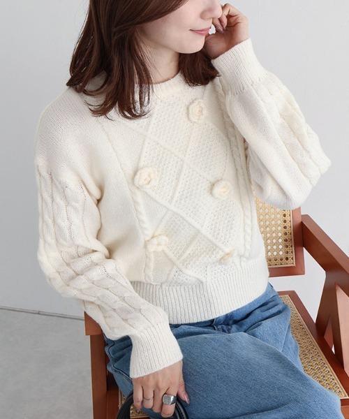 Pierrot(ピエロ)の「ローズモチーフニット(ニット/セーター・レディース・杢グレー/アイボリー・L/M)」の21枚目の写真