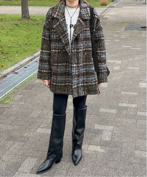 セール】【yc__mam select】リングボア チェック柄 ダブルジャケット