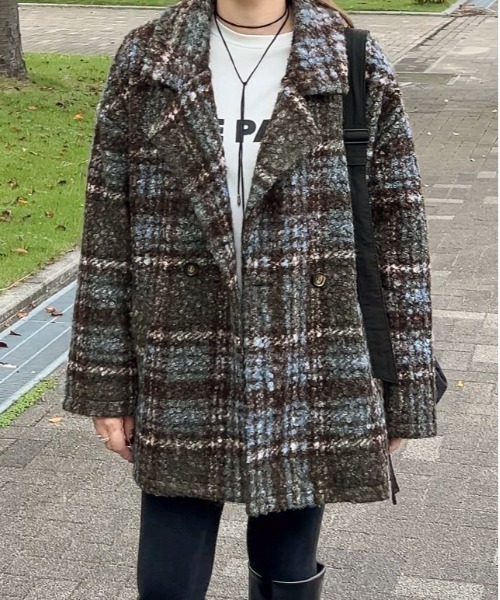 セール】【yc__mam select】リングボア チェック柄 ダブルジャケット