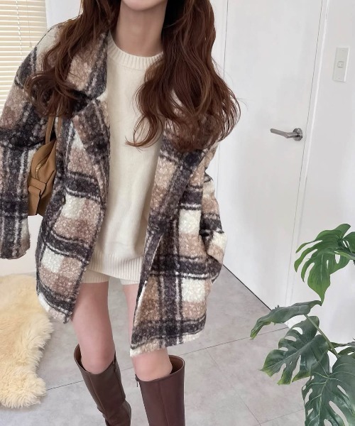 セール】【yc__mam select】リングボア チェック柄 ダブルジャケット