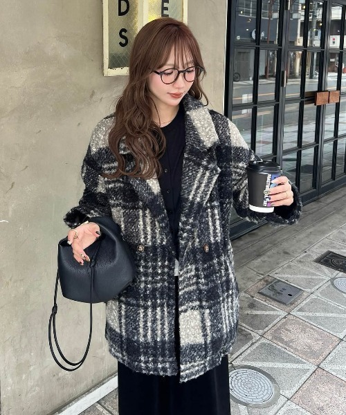 セール】【yc__mam select】リングボア チェック柄 ダブルジャケット