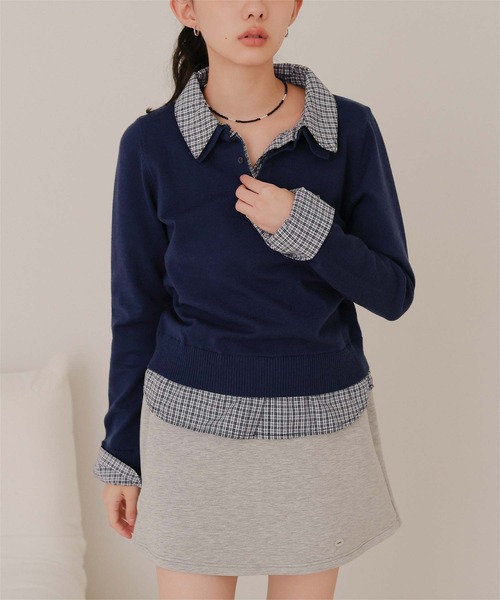 miette（ミエット）の「シャツレイヤード風ポロニット（ニット/セーター・レディース・アイボリー/グレー/レッド/ブラウン/ネイビー・L/M/S）」の4枚目の写真