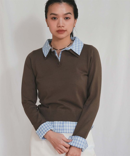 miette（ミエット）の「シャツレイヤード風ポロニット（ニット/セーター・レディース・アイボリー/グレー/レッド/ブラウン/ネイビー・L/M/S）」の3枚目の写真