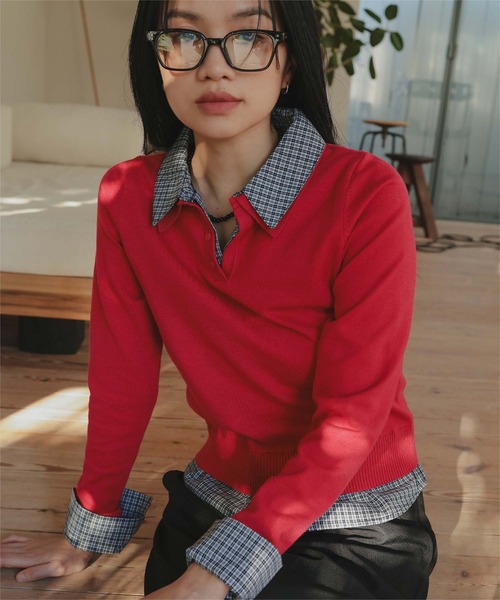 miette（ミエット）の「シャツレイヤード風ポロニット（ニット/セーター・レディース・アイボリー/グレー/レッド/ブラウン/ネイビー・L/M/S）」の5枚目の写真