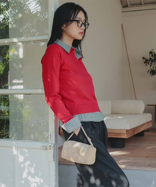 miette（ミエット）の「シャツレイヤード風ポロニット（ニット/セーター・レディース・アイボリー/グレー/レッド/ブラウン/ネイビー・L/M/S）」の9枚目の写真