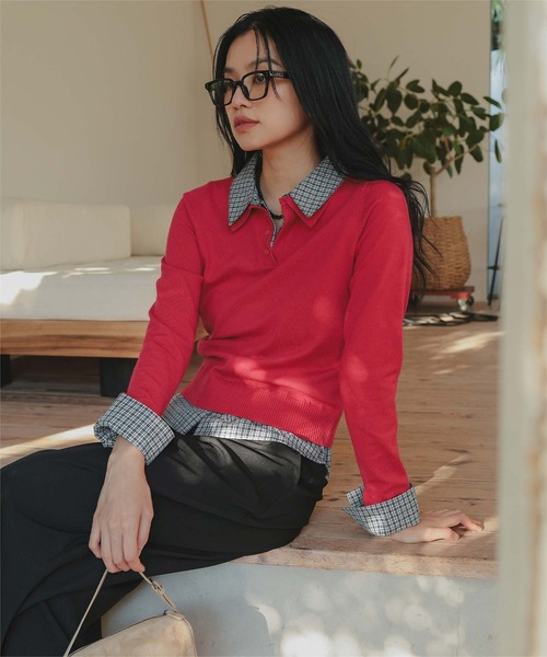 miette（ミエット）の「シャツレイヤード風ポロニット（ニット/セーター・レディース・アイボリー/グレー/レッド/ブラウン/ネイビー・L/M/S）」の12枚目の写真