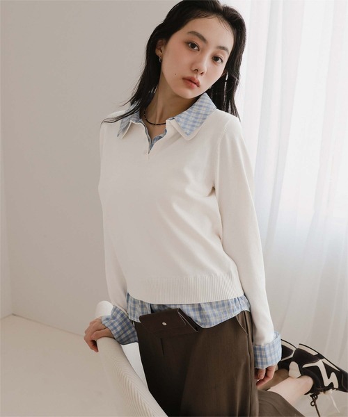 miette（ミエット）の「シャツレイヤード風ポロニット（ニット/セーター・レディース・アイボリー/グレー/レッド/ブラウン/ネイビー・L/M/S）」の22枚目の写真