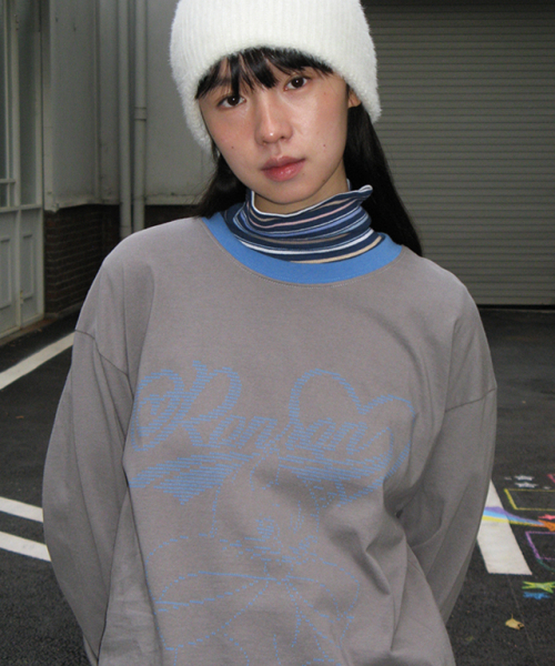 RONRON(ロンロン)の「ALPHABET SKETCH CAT RINGER LONG SLEEVE CHARCOAL BLUE(Tシャツ/カットソー・レディース・その他・FREE)」の4枚目の写真