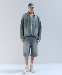ビッグブラシカーペンターバミューダデニムパンツ[ライトインディゴ]