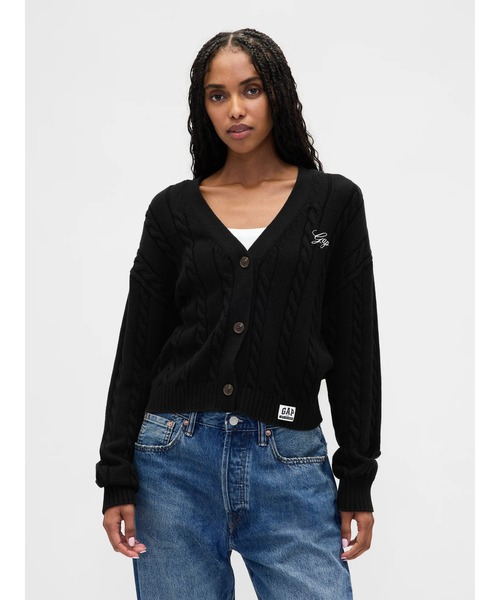 セール】ボクシー ケーブルニット GAPロゴ カーディガン（カーディガン