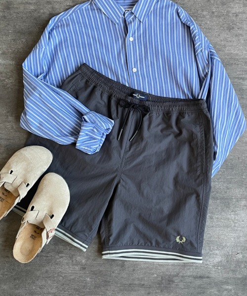 FRED PERRY（フレッドペリー）の「【WEB先行予約】[FRED PERRY/フレッドペリー] 別注 ツインティップライン ワンポイントロゴ刺繍 スイムショートパンツ（その他パンツ・レディース・ネイビー/グリーン/ブラック/グレー・XS/L/M/S）」の14枚目の写真