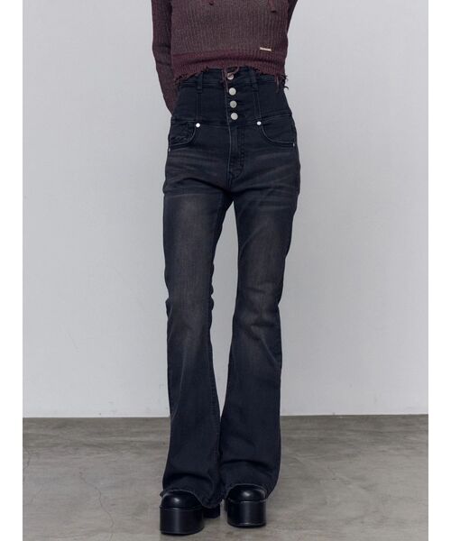 バックリボンフレアハイウエストパギンス（デニムパンツ）｜EMODA