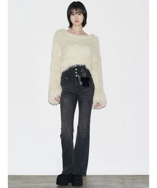 バックリボンフレアハイウエストパギンス（デニムパンツ）｜EMODA