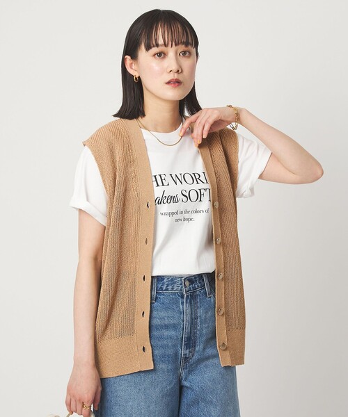 green label relaxing（グリーンレーベルリラクシング）の「ペーパー ニット ジレ ウォッシャブル（ベスト・レディース・ナチュラル/ダークブラウン/ベージュ・FREE）」の2枚目の写真