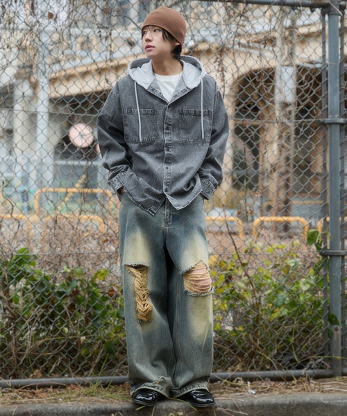 WEGO(ウィゴー)の「WEGO/【26年春夏新作】デニムフードシャツ(LS)(シャツ/ブラウス・メンズ・スカイブルー/ブラック系1・MEDIUM/LARGE)」の3枚目の写真