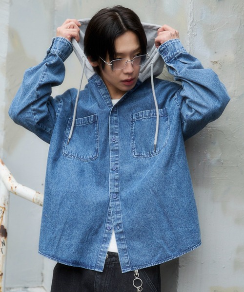 WEGO(ウィゴー)の「WEGO/【26年春夏新作】デニムフードシャツ(LS)(シャツ/ブラウス・メンズ・スカイブルー/ブラック系1・MEDIUM/LARGE)」の15枚目の写真