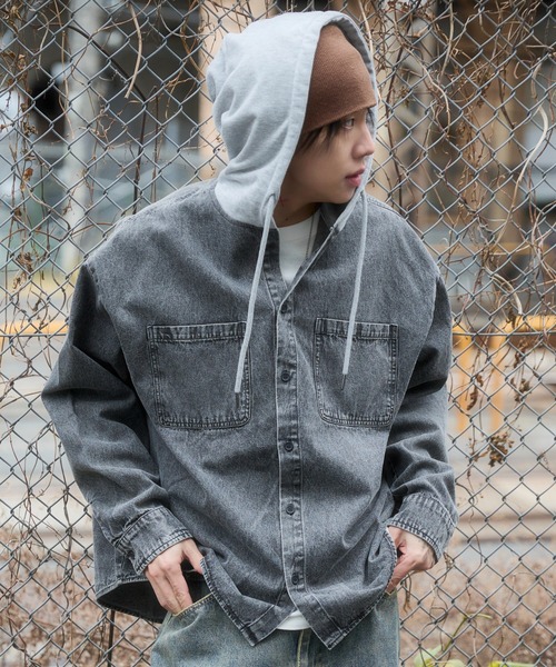 WEGO(ウィゴー)の「WEGO/【26年春夏新作】デニムフードシャツ(LS)(シャツ/ブラウス・メンズ・スカイブルー/ブラック系1・MEDIUM/LARGE)」の9枚目の写真