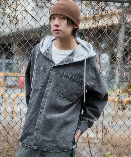 WEGO(ウィゴー)の「WEGO/【26年春夏新作】デニムフードシャツ(LS)(シャツ/ブラウス・メンズ・スカイブルー/ブラック系1・MEDIUM/LARGE)」の11枚目の写真