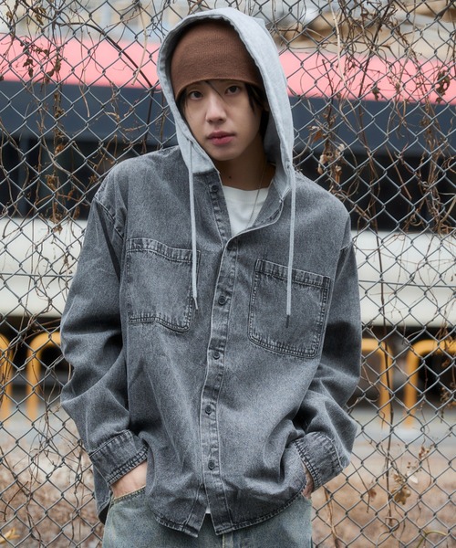 WEGO(ウィゴー)の「WEGO/【26年春夏新作】デニムフードシャツ(LS)(シャツ/ブラウス・メンズ・スカイブルー/ブラック系1・MEDIUM/LARGE)」の12枚目の写真