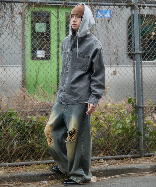 WEGO(ウィゴー)の「WEGO/【26年春夏新作】デニムフードシャツ(LS)(シャツ/ブラウス・メンズ・スカイブルー/ブラック系1・MEDIUM/LARGE)」の13枚目の写真