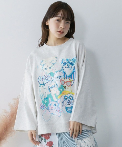 ScoLar(スカラー)の「ScoLar(スカラー) ラメ入りわんにゃん柄裏毛プルオーバー(スウェット・レディース・ピンク/オートミール/ネイビー/イエロー・MEDIUM)」の1枚目の写真