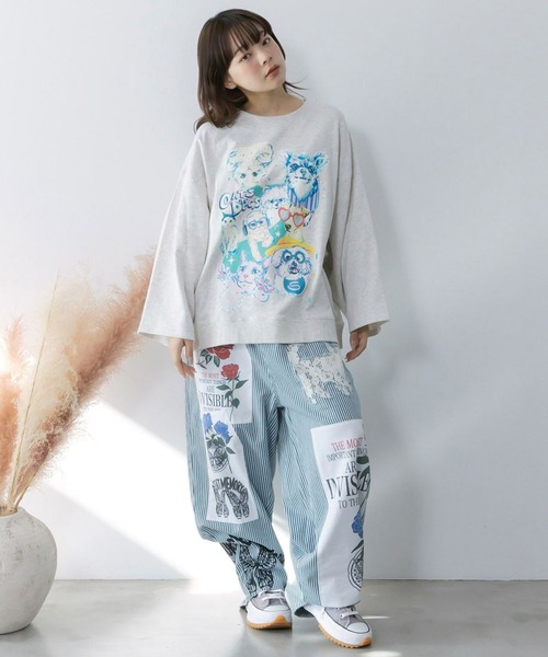 ScoLar(スカラー)の「ScoLar(スカラー) ラメ入りわんにゃん柄裏毛プルオーバー(スウェット・レディース・ピンク/オートミール/ネイビー/イエロー・MEDIUM)」の5枚目の写真