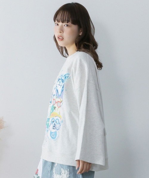 ScoLar(スカラー)の「ScoLar(スカラー) ラメ入りわんにゃん柄裏毛プルオーバー(スウェット・レディース・ピンク/オートミール/ネイビー/イエロー・MEDIUM)」の7枚目の写真