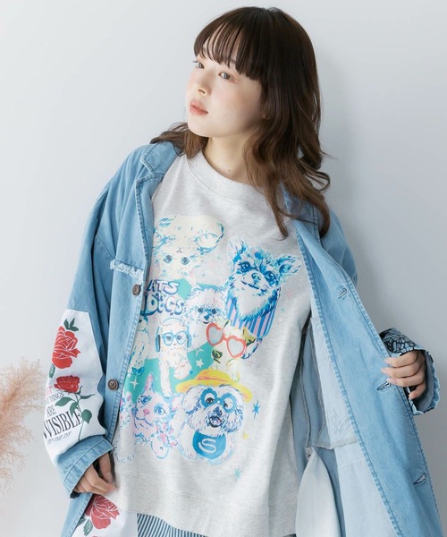 ScoLar(スカラー)の「ScoLar(スカラー) ラメ入りわんにゃん柄裏毛プルオーバー(スウェット・レディース・ピンク/オートミール/ネイビー/イエロー・MEDIUM)」の11枚目の写真