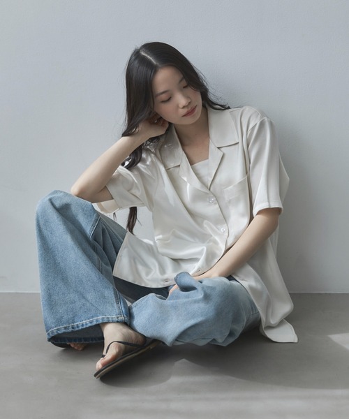 feepur(フェピュール)の「オープンカラーハーフスリーブサテンシャツ(シャツ/ブラウス・レディース・ブラック/アイボリー・MEDIUM)」の16枚目の写真