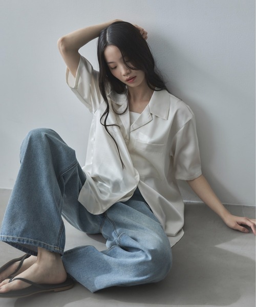 feepur(フェピュール)の「オープンカラーハーフスリーブサテンシャツ(シャツ/ブラウス・レディース・ブラック/アイボリー・MEDIUM)」の14枚目の写真