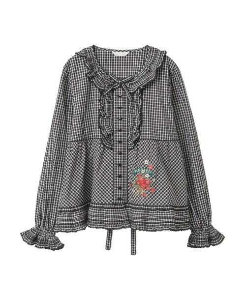 苺ブーケ刺繍入りオリジナルチェックブラウス（シャツ/ブラウス
